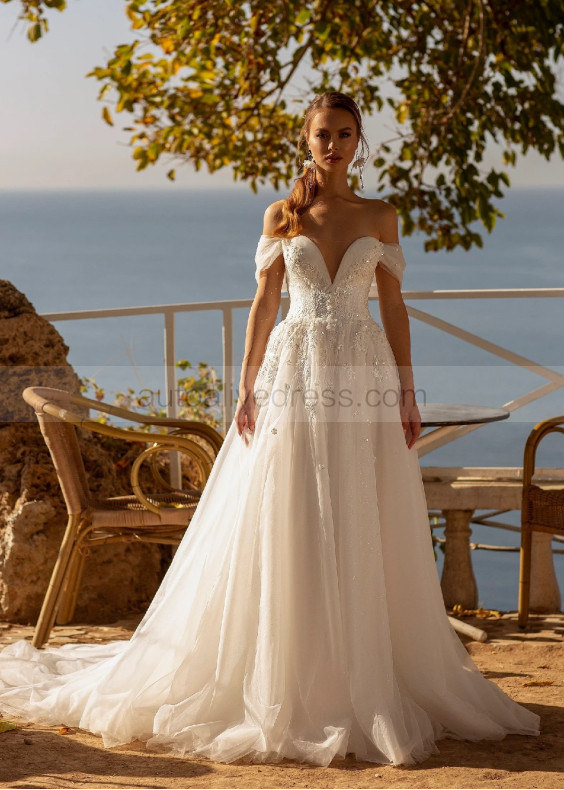 Off Shoulder Beaded Ivory Lace Tulle Timeless Wedding Dress